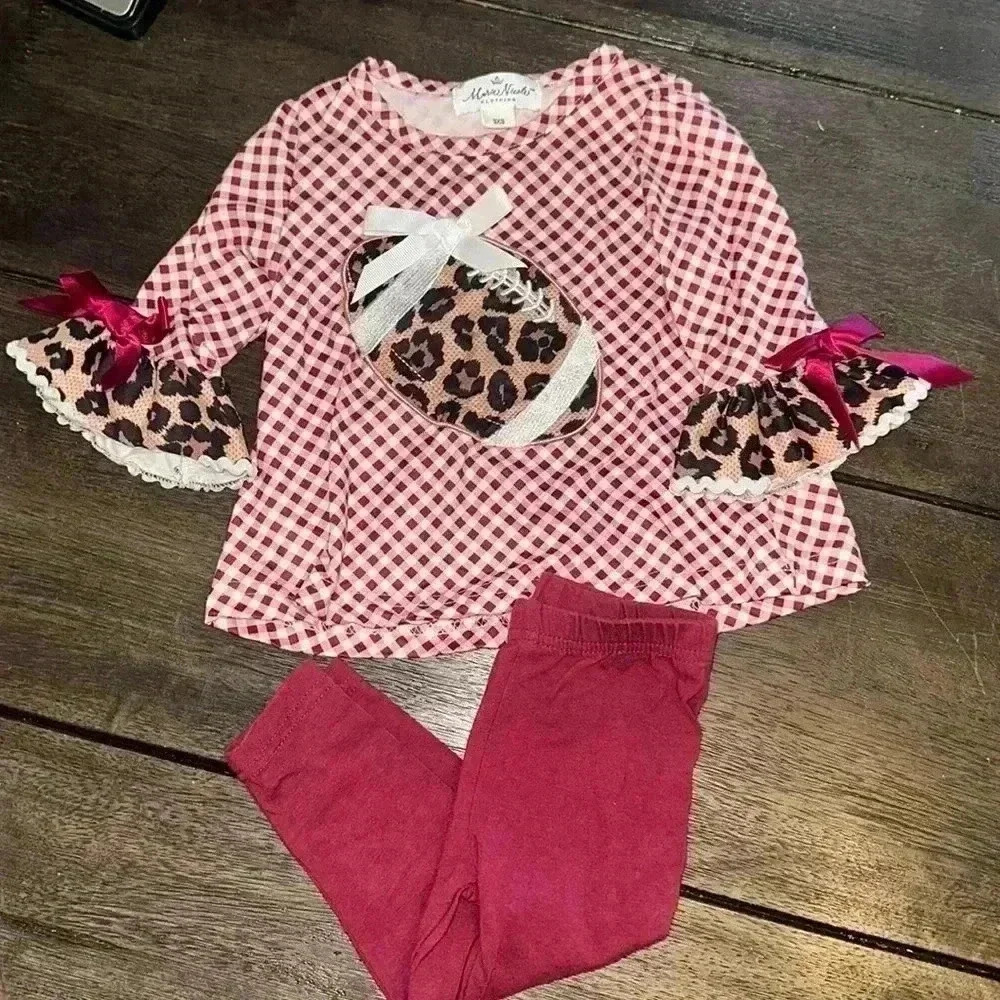 Marie Nicole Clothing Football Plaid Cheetah Outfit size 3XS (6-12mos) SO soft